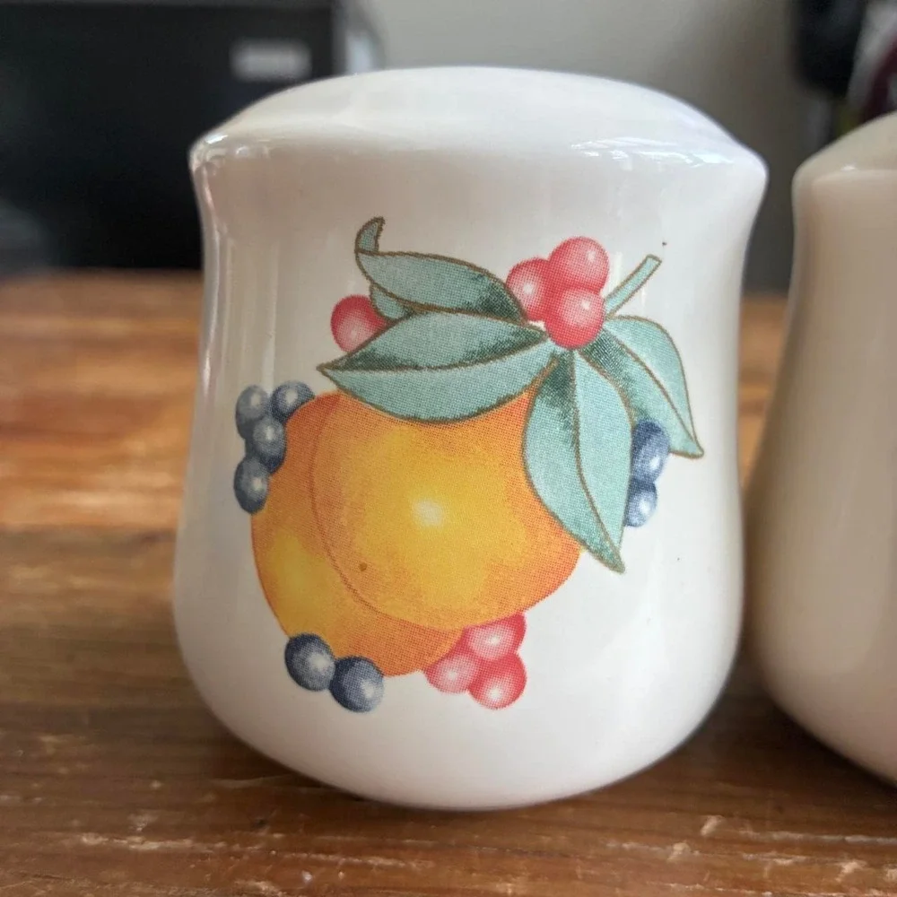 Vintage White ceramic salt and pepper shakers with orange & berry design